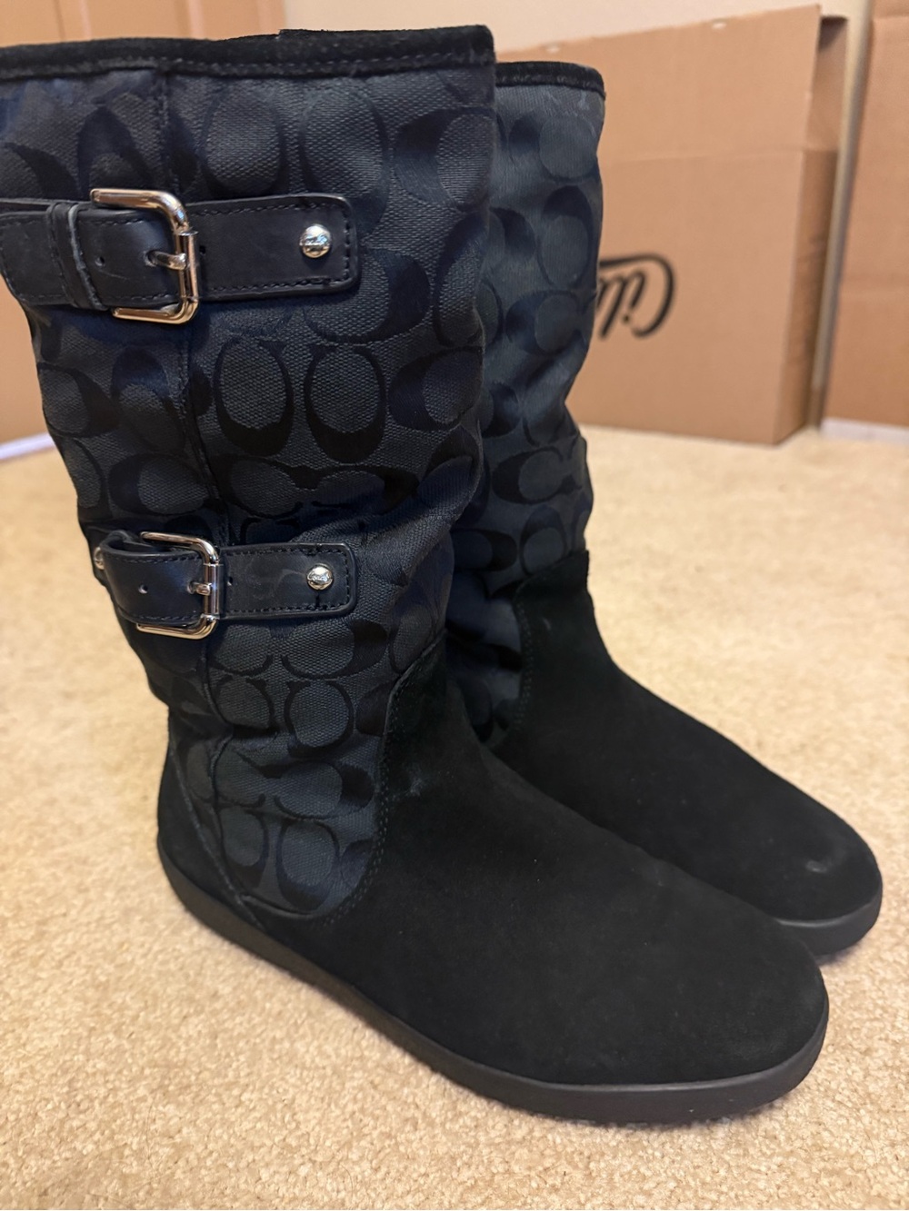 Coach Black Logo Mid-Calf Buckle Boots